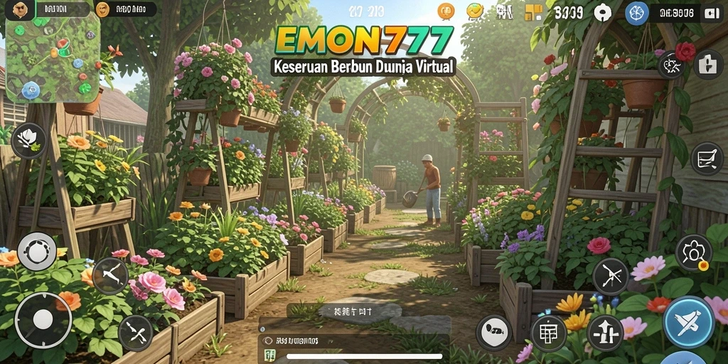 Screenshot gameplay EMON777 menampilkan suasana berkebun yang asri dan interaktif.