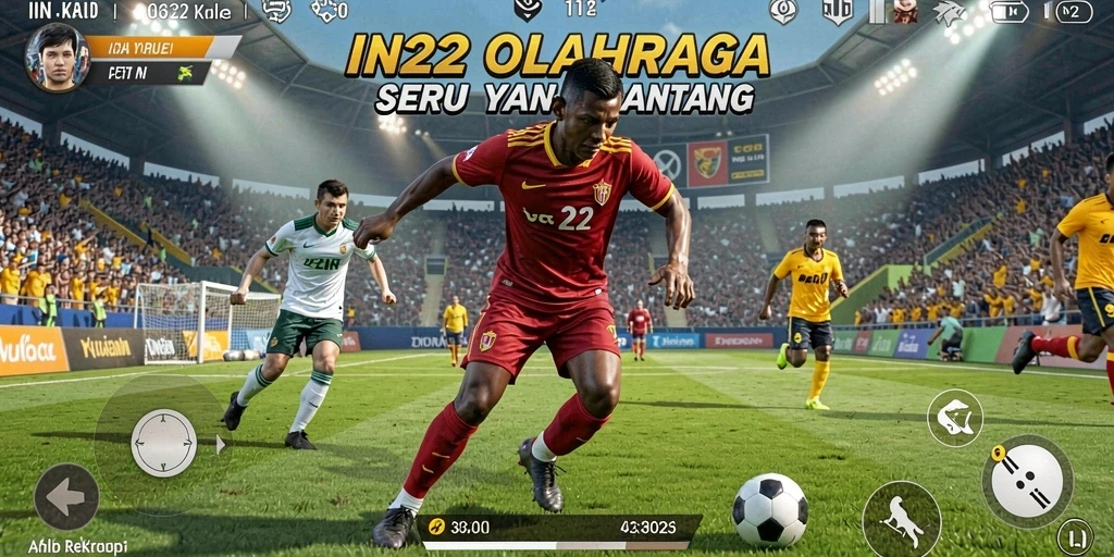 Screenshot utama IN22 menampilkan momen seru dalam permainan olahraga.