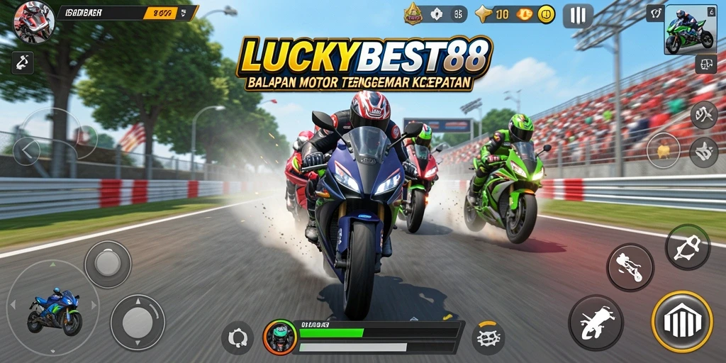 Tampilan gameplay <strong>LUCKYBEST88</strong> yang menampilkan balapan motor yang mendebarkan.