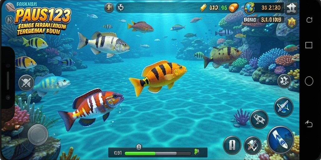 Tampilan gameplay PAUS123 yang menegangkan dengan ikan yang beraneka ragam.