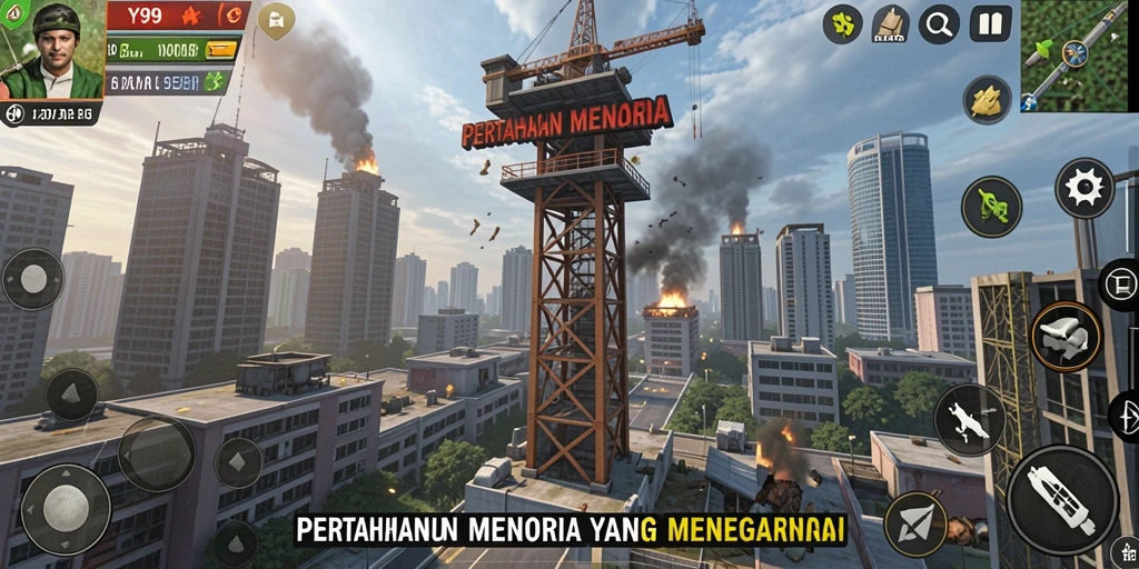 Tampilan gameplay seru dalam Y89 dengan menara dan strategi pertahanan.